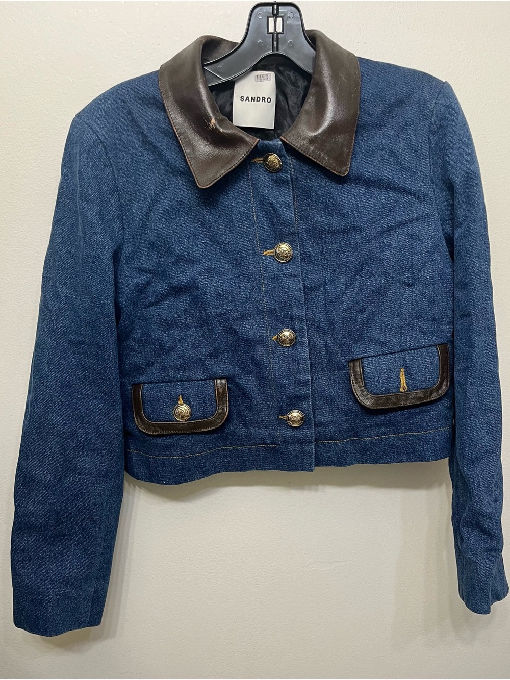 Sandro Blue Denim Jacket with Brown Leather Collar and Trim
